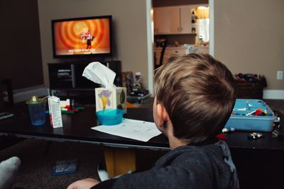 Rear view of boy watching television at home