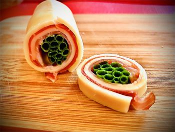 High angle view of salad in bowl on table
