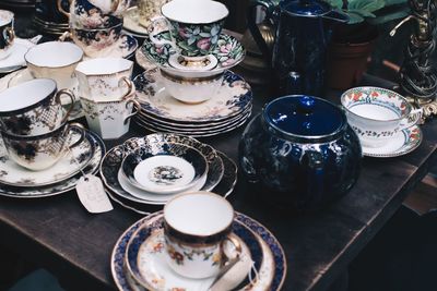 High angle view of tea cups on table