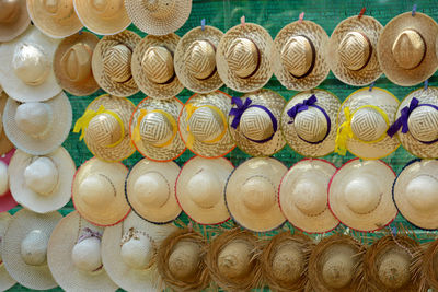 High angle view of various hats hanging for sale in market