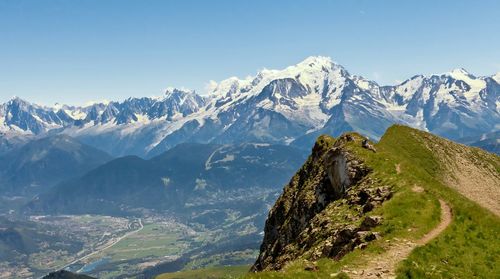 Scenic view of snowcapped mountains against clear sky