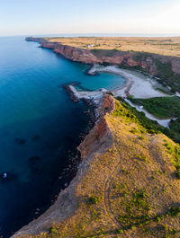 A scenic sunset over the bolata coast, kaliakra region in bulgaria - aerial drone panorama shot