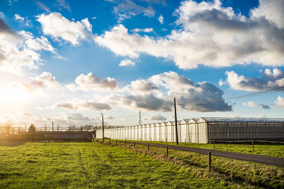 View of grassy field against cloudy sky