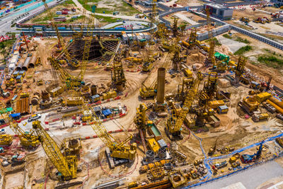 High angle view of cranes at construction site