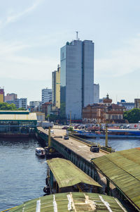 View of the main port of manaus with many boats and ferry