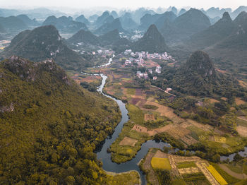 High angle view of landscape and mountains