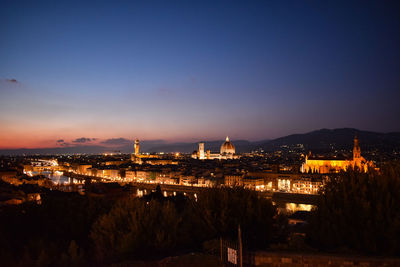 High angle view of illuminated cityscape against sky during sunset