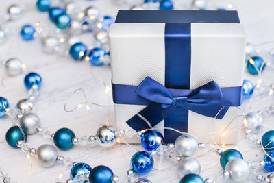 Close-up of christmas decorations on table