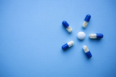 High angle view of purple and blue on table