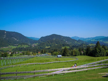 Scenic view of field against clear blue sky