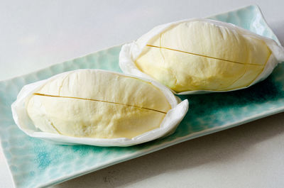 Close-up of durian in tray