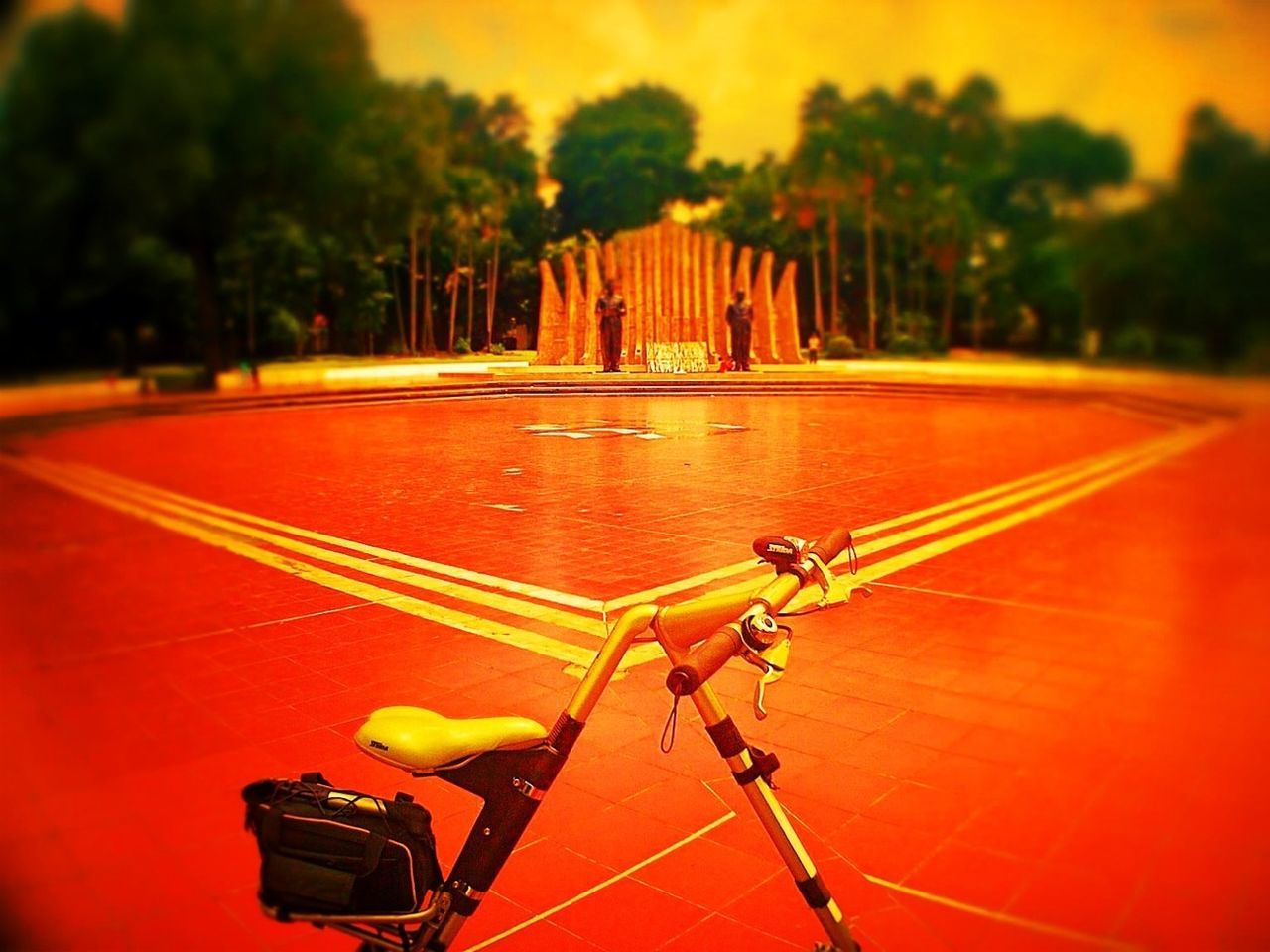 red, tree, orange color, transportation, sunset, absence, illuminated, no people, outdoors, empty, focus on foreground, mode of transport, sunlight, land vehicle, selective focus, lighting equipment, close-up, in a row, metal, seat