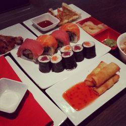 Close-up of sushi served on table