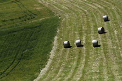 High angle view of hay bales on field