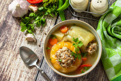 High angle view of soup in bowl on table