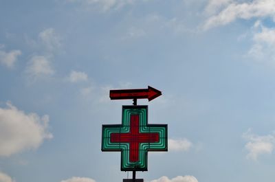 Low angle view of road sign against sky