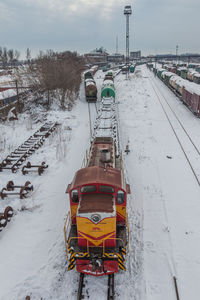 High angle view of snow covered field