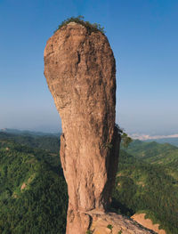 Rock formations on landscape against clear blue sky