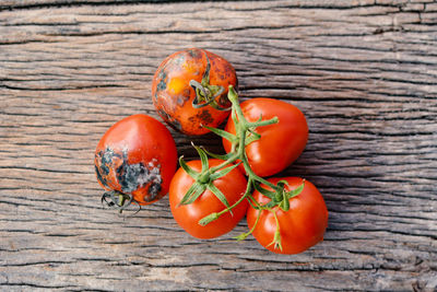 High angle view of tomatoes on wooden table