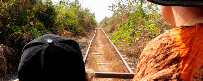 Rear view of man on dirt road amidst trees in forest