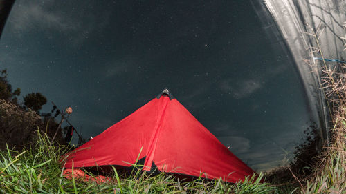Low angle view of tent on field