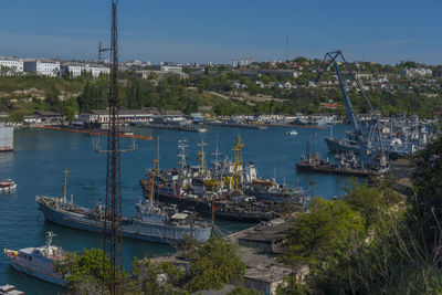 High angle view of marina at harbor