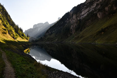 Scenic view of lake and mountains against sky