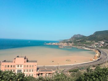 High angle view of beach against clear blue sky