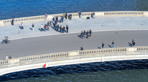 High angle view of people on bridge 