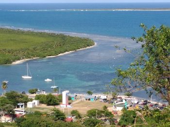 High angle view of beach by sea