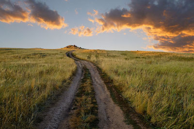 Dirt road amidst field against sky during sunset