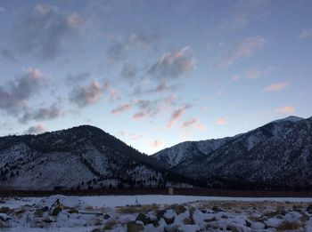 Scenic view of mountains against sky during winter