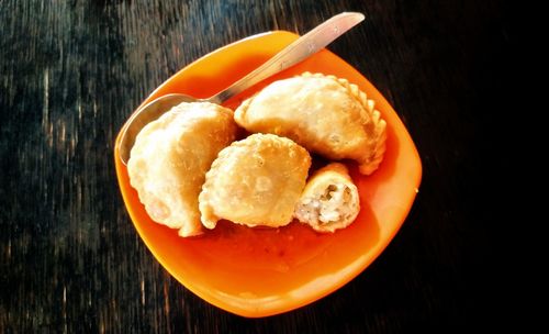 High angle view of breakfast on table