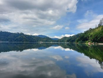 Reflection of trees in lake against sky