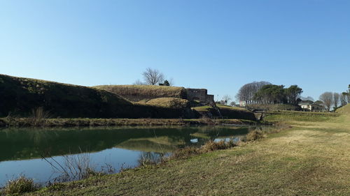 Scenic view of lake against clear sky