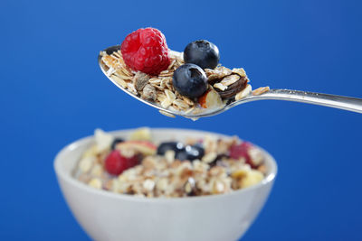 Close-up of fresh fruits in bowl against blue background