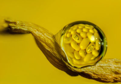 Close-up of lemon over water against yellow background