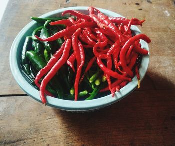 High angle view of red chili peppers in bowl on table