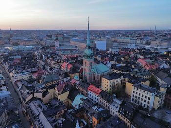 High angle view of townscape against sky during sunset