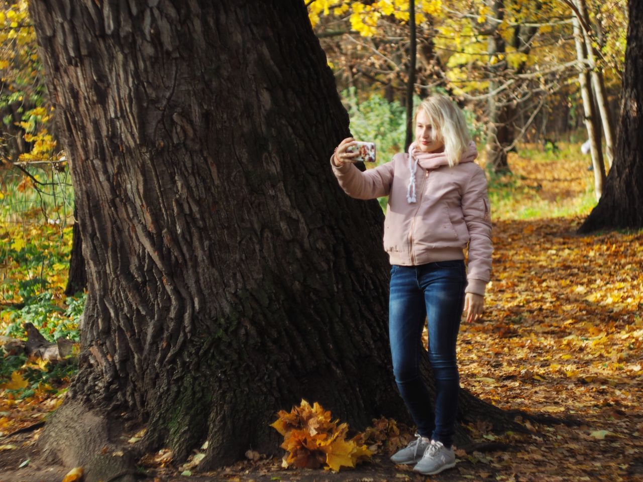 tree, tree trunk, trunk, plant, blond hair, one person, full length, leaf, plant part, hair, autumn, nature, casual clothing, forest, leisure activity, women, day, land, hairstyle, outdoors, change