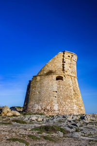 Low angle view of old building against blue sky