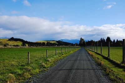 Empty road amidst field against sky