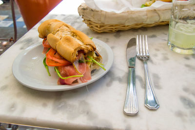 High angle view of food in plate on table