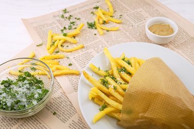 High angle view of food on table