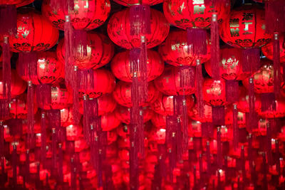 Full frame shot of red lanterns hanging