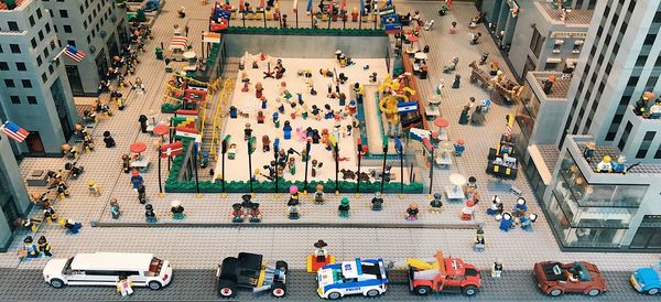 High angle view of people on city street