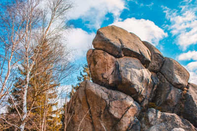 Low angle view of rock formation against sky