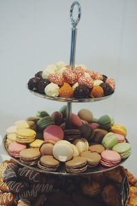 Close-up of macaroons on cakestand