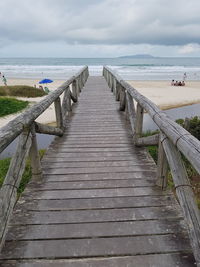 Wooden boardwalk leading towards sea against sky