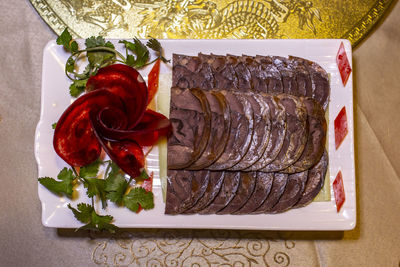 High angle view of dessert in plate on table